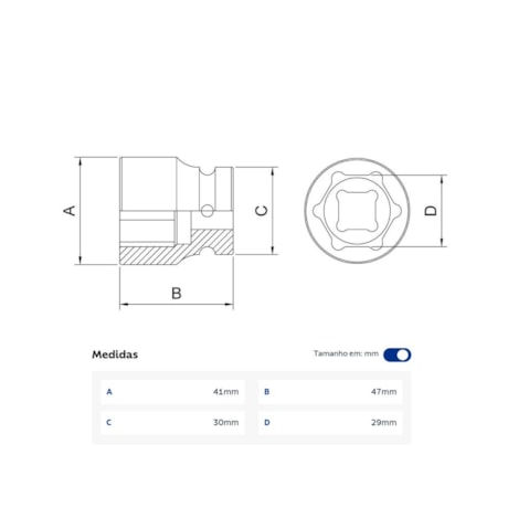 Soquete de Impacto Sextavado 29mm Encaixe 1/2