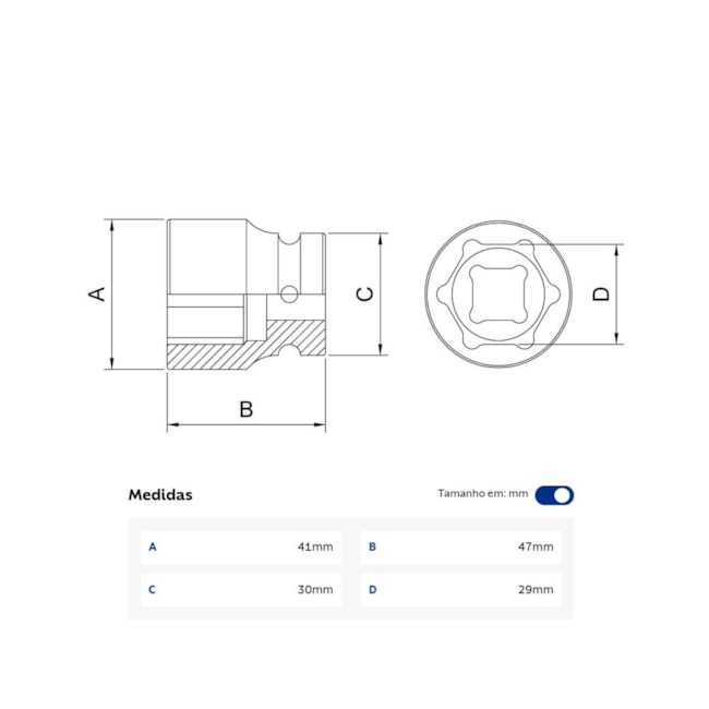 Soquete de Impacto Sextavado 29mm Encaixe 1/2