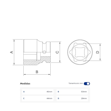 Soquete de Impacto Sextavado 29mm Encaixe 3/4