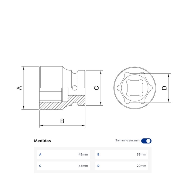 Soquete de Impacto Sextavado 29mm Encaixe 3/4
