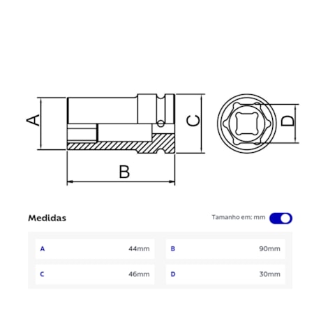 Soquete de Impacto Sextavado 30mm Longo Encaixe 3/4