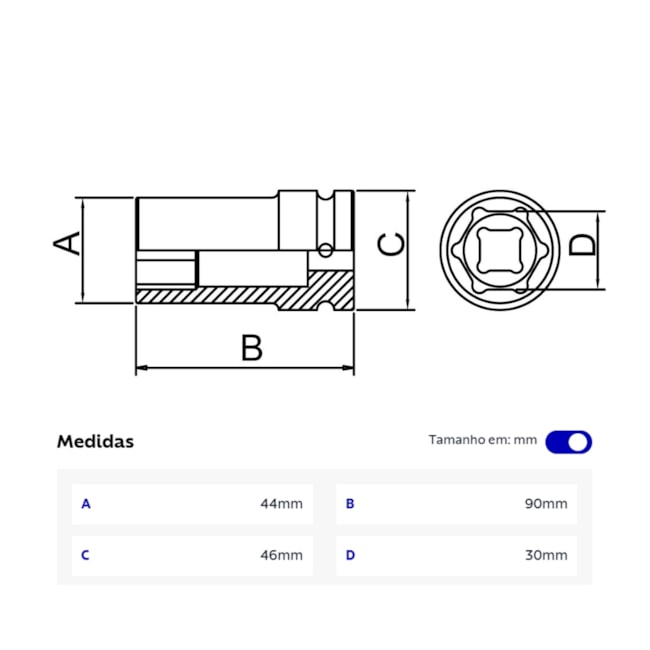 Soquete de Impacto Sextavado 30mm Longo Encaixe 3/4