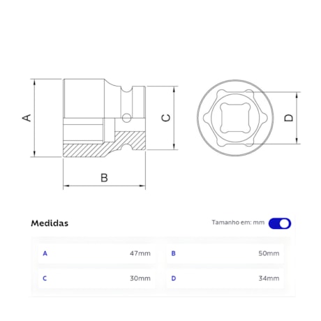 Soquete de Impacto Sextavado 34mm Encaixe 1/2