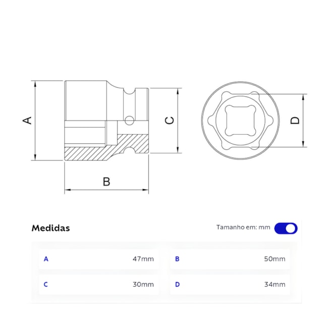 Soquete de Impacto Sextavado 34mm Encaixe 1/2