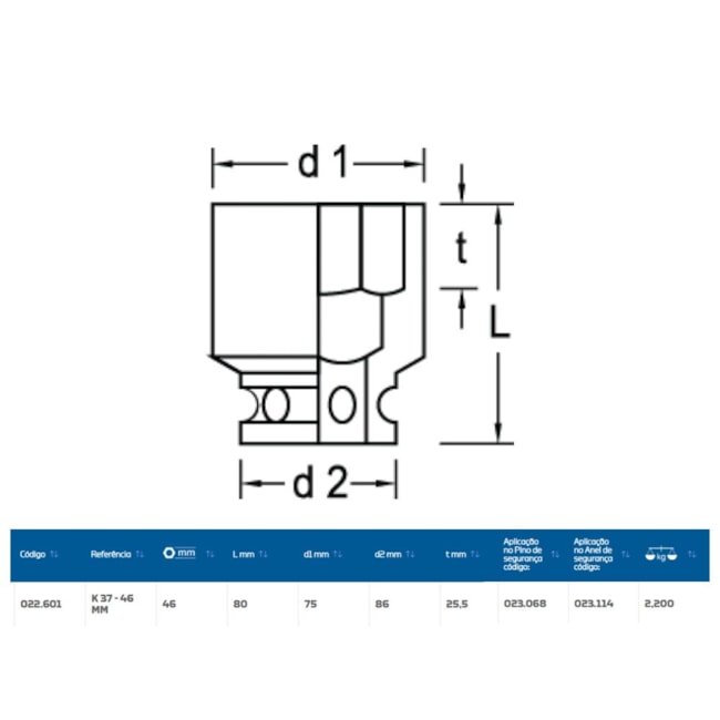 Soquete de Impacto Sextavado 46mm Encaixe 1.1/2