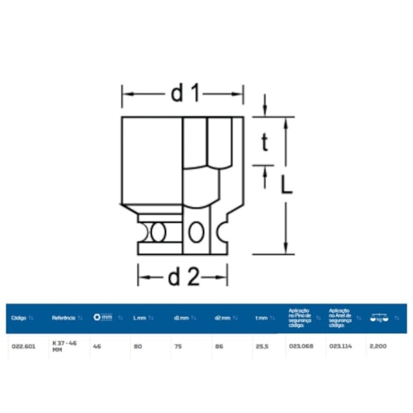 Soquete de Impacto Sextavado 46mm Encaixe 1.1/2