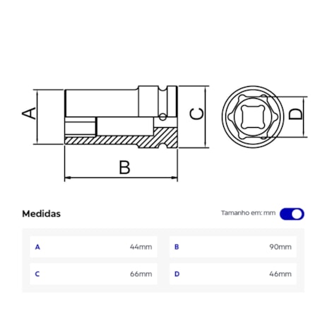 Soquete de Impacto Sextavado 46mm Longo Encaixe 3/4