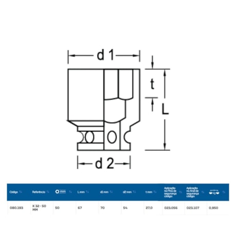 Soquete de Impacto Sextavado 50mm Encaixe 3/4