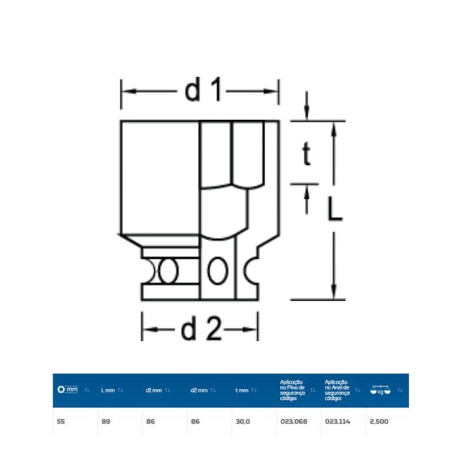 Soquete de Impacto Sextavado 55mm Encaixe 1.1/2
