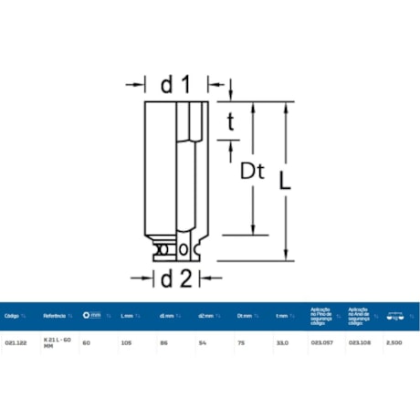 Soquete de Impacto Sextavado 60mm Longo Encaixe 1