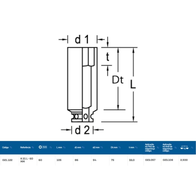 Soquete de Impacto Sextavado 60mm Longo Encaixe 1