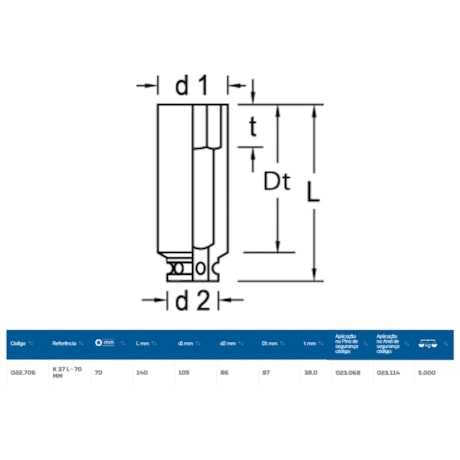 Soquete de Impacto Sextavado 70mm Longo Encaixe 1.1/2