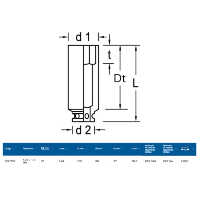 Soquete de Impacto Sextavado 70mm Longo Encaixe 1.1/2