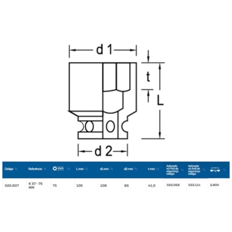 Soquete de Impacto Sextavado 75mm Encaixe 1.1/2