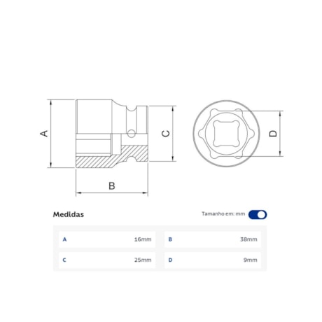 Soquete de Impacto Sextavado 9mm Encaixe 1/2
