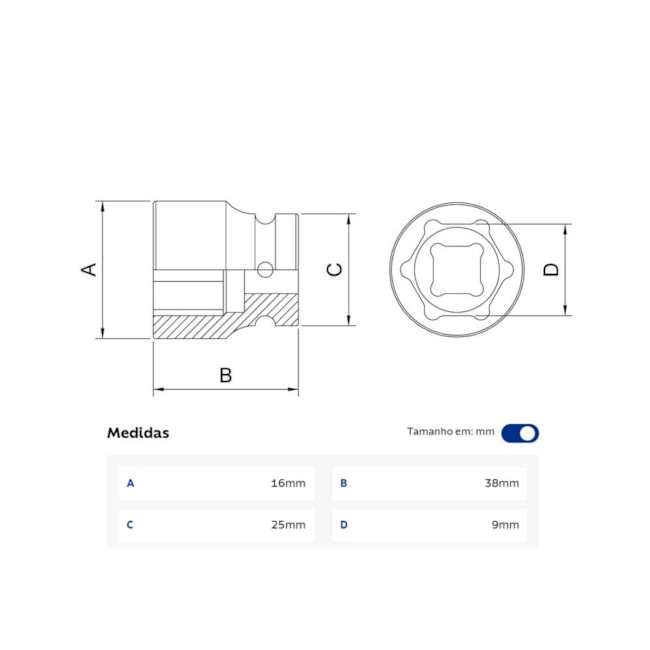 Soquete de Impacto Sextavado 9mm Encaixe 1/2