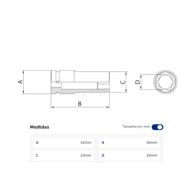 Soquete de Impacto Sextavado Longo 10mm Encaixe 1/4