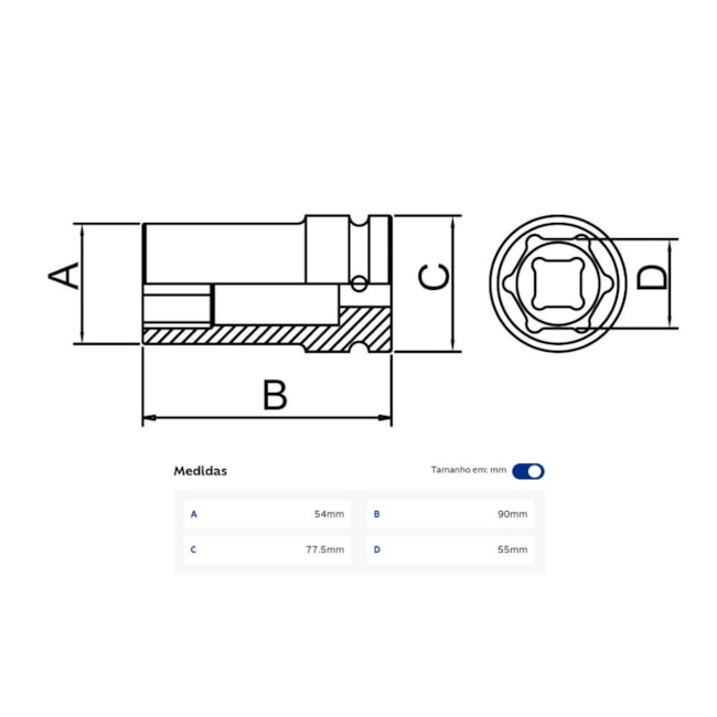 Soquete de Impacto Sextavado Longo 55mm Encaixe 3/4