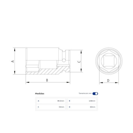 Soquete de Impacto Sextavado Longo 60mm Encaixe 1