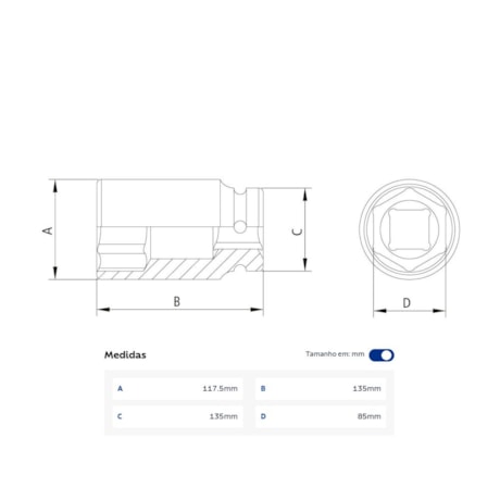Soquete de Impacto Sextavado Longo 85mm Encaixe 1