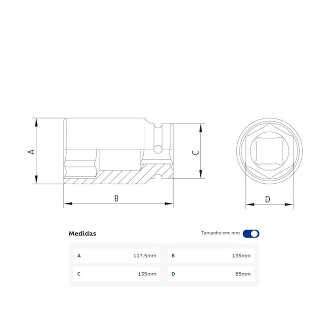 Soquete de Impacto Sextavado Longo 85mm Encaixe 1