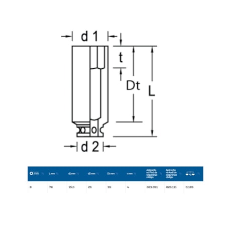 Soquete de Impacto Sextavado Longo 8mm Encaixe 1/2