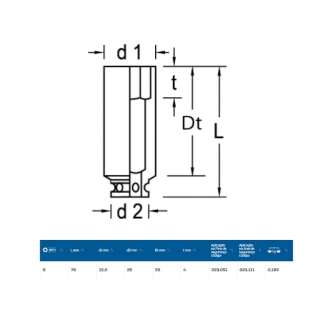 Soquete de Impacto Sextavado Longo 8mm Encaixe 1/2