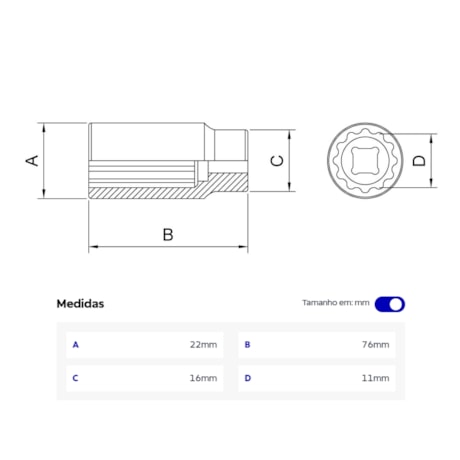 Soquete Estriado 11.0mm Longo Encaixe 1/2