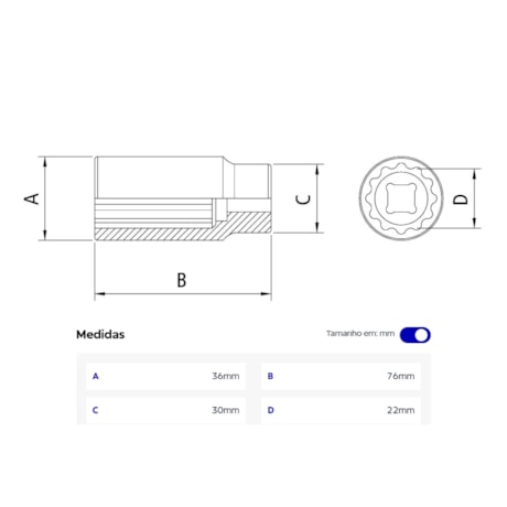 Soquete Estriado 22.0mm Longo Encaixe 1/2