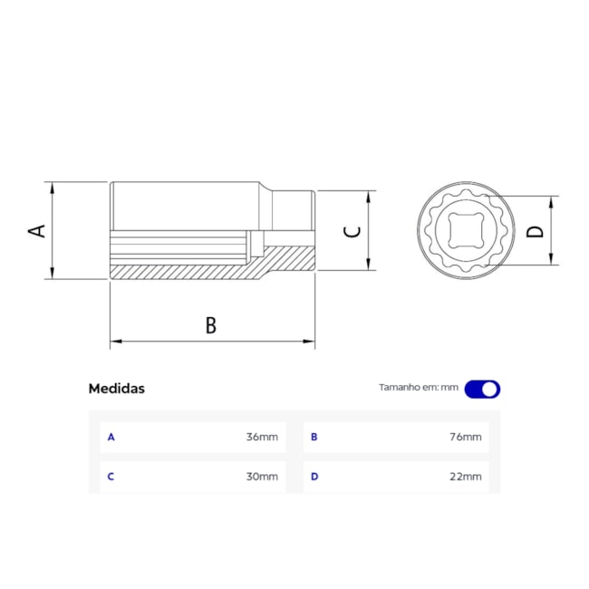 Soquete Estriado 22.0mm Longo Encaixe 1/2