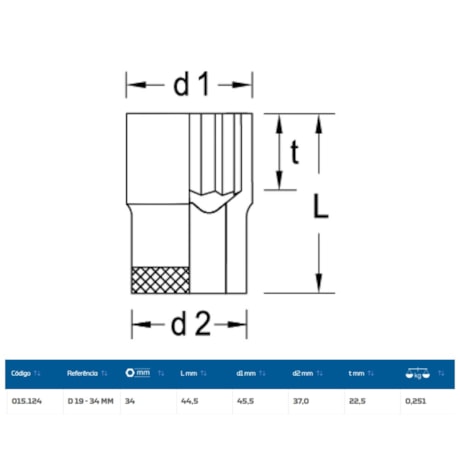 Soquete Estriado 34mm Encaixe 1/2