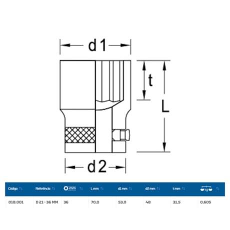 Soquete Estriado 36mm Encaixe 1