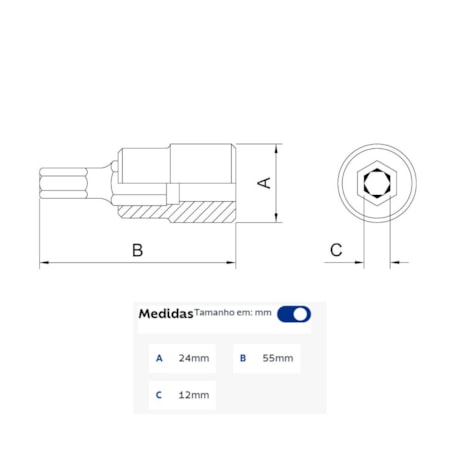 Soquete Hexagonal 12mm Encaixe 1/2