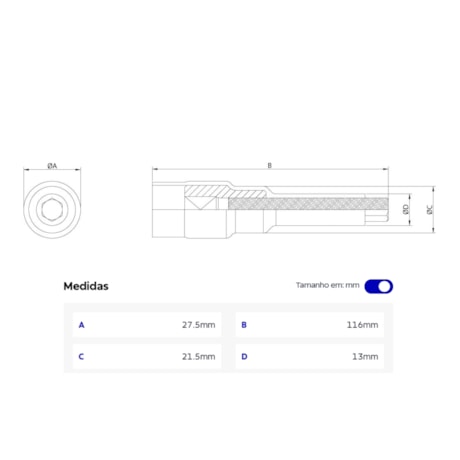 Soquete Hexagonal 5mm Encaixe 1/2