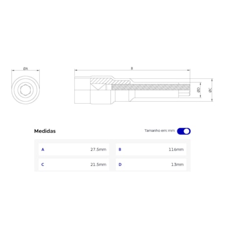 Soquete Hexagonal 6mm Encaixe 1/2