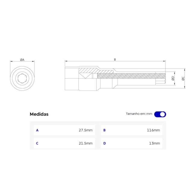 Soquete Hexagonal 6mm Encaixe 1/2