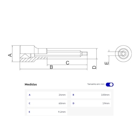 Soquete Hexagonal 8.0mm Longo Encaixe 1/2