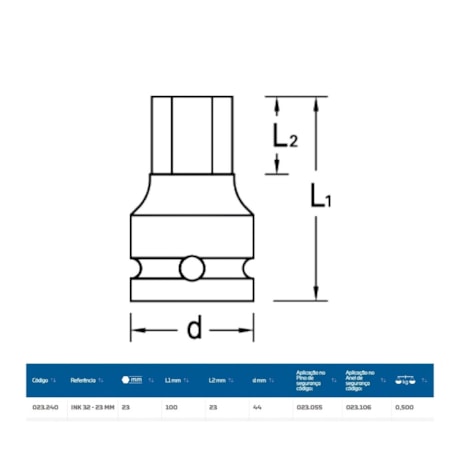 Soquete Impacto Hexagonal 23mm Encaixe 3/4