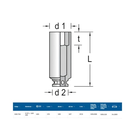 Soquete Impacto Sextavado 120mm Longo Encaixe 1/2