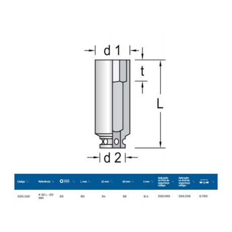 Soquete Impacto Sextavado 20mm Longo Encaixe 3/4
