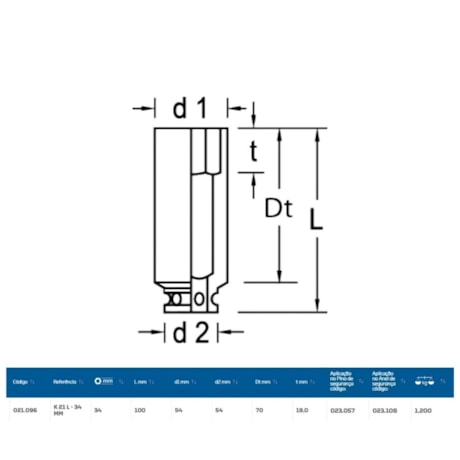 Soquete Impacto Sextavado 34mm Longo Encaixe 1