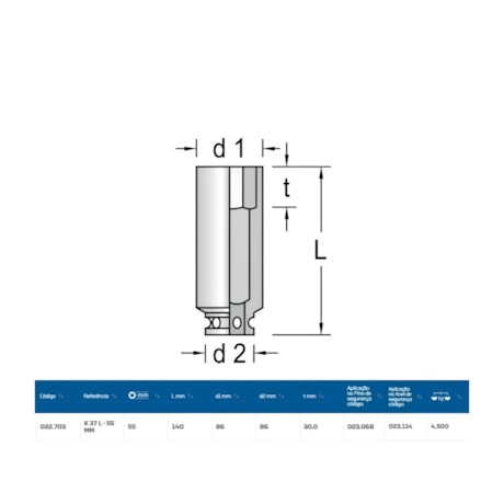 Soquete Impacto Sextavado 55mm Longo Encaixe 1/2