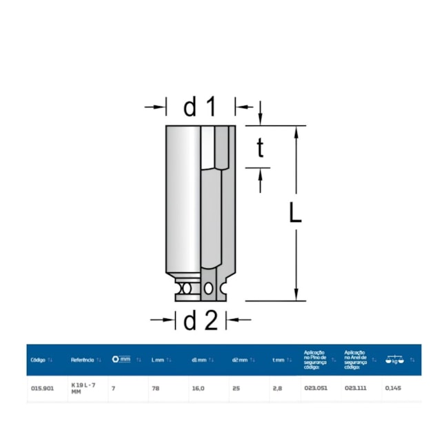 Soquete Impacto Sextavado 7mm Longo Encaixe 1/2