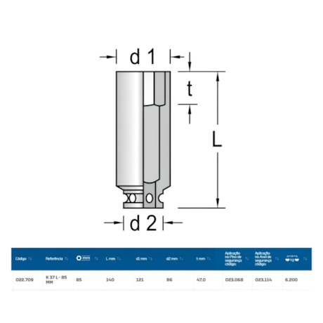 Soquete Impacto Sextavado 85mm Longo Encaixe 1/2