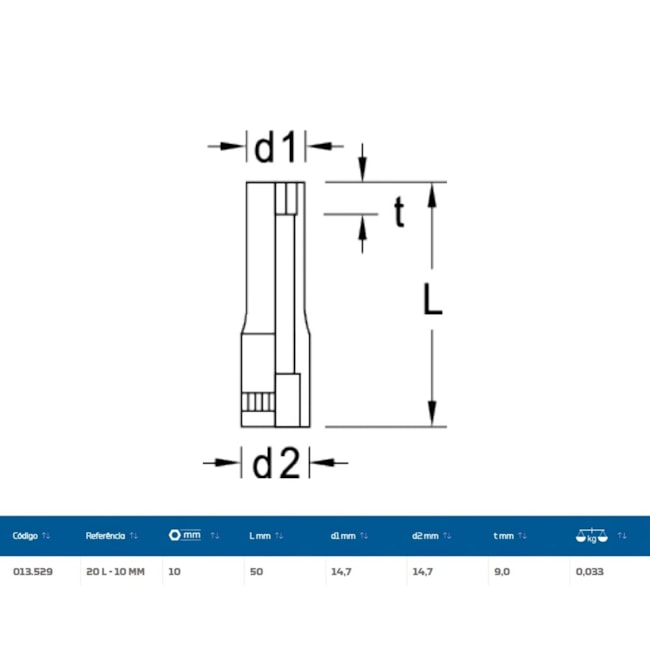 Soquete Sextavado 10mm Longo Encaixe 1/4