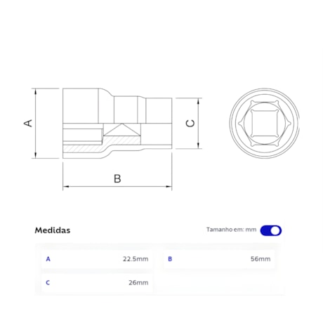 Soquete Sextavado 12.0mm Encaixe 1/2