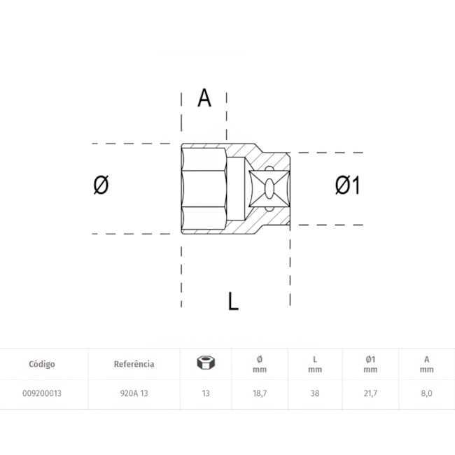 Soquete Sextavado 13mm Encaixe 1/2