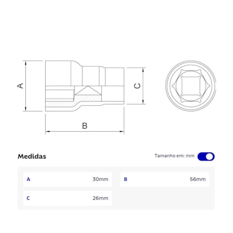 Soquete Sextavado 17,0mm Encaixe 1/2