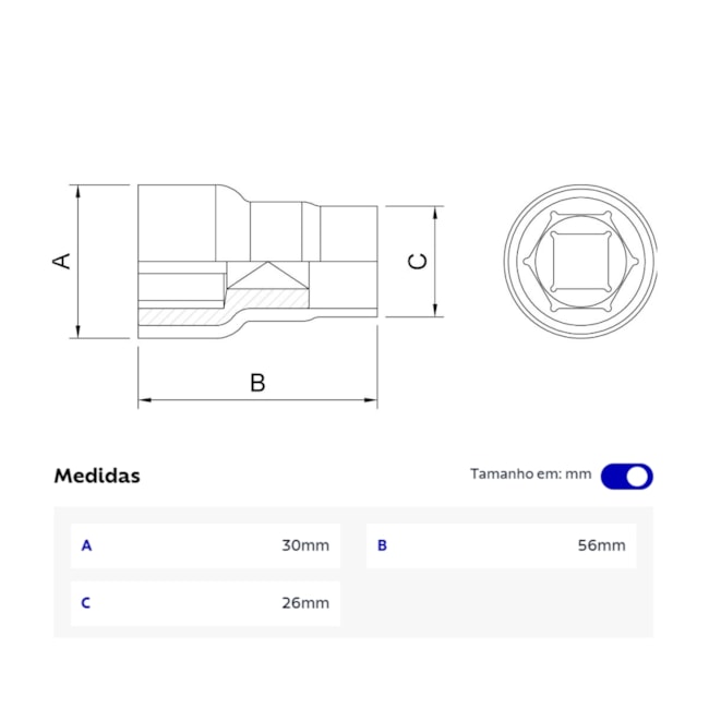 Soquete Sextavado 17,0mm Encaixe 1/2
