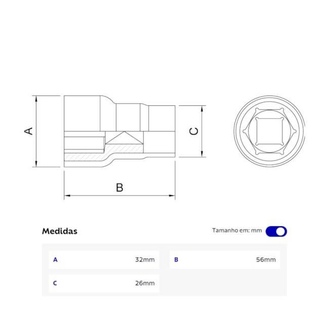Soquete Sextavado 19,0mm Encaixe 1/2